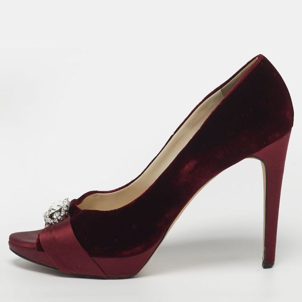Dior Empire Size 41 Burgundy Velvet Crystal Embellished Peep Toe Pumps